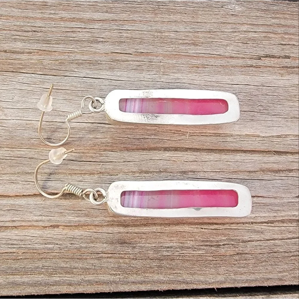 Silver Long Rectangle Pink Agate Bezel Set Dangle Earrings